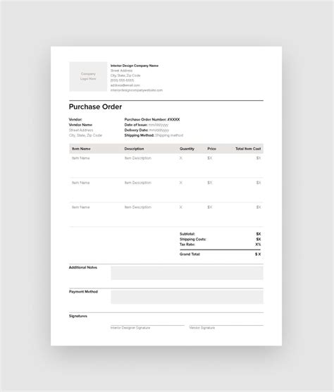 5 Essential Interior Design Purchase Order Templates