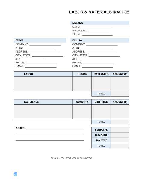 5 Essential Labor And Material Invoice Templates