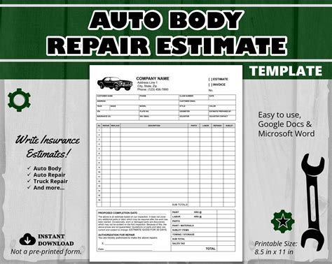 Free Auto Body Repair Estimate Templates