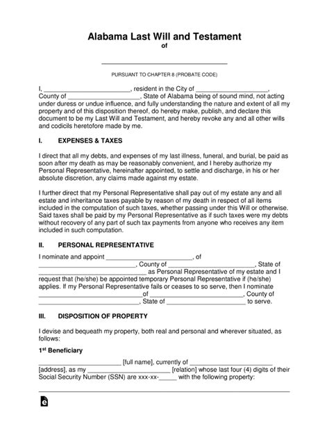 Alabama Last Will And Testament Template Free Download