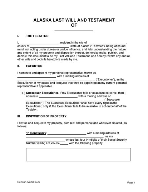 Alaska Last Will And Testament Template Free Download