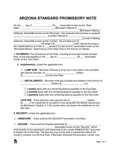 Arizona Free Promissory Note Template Download