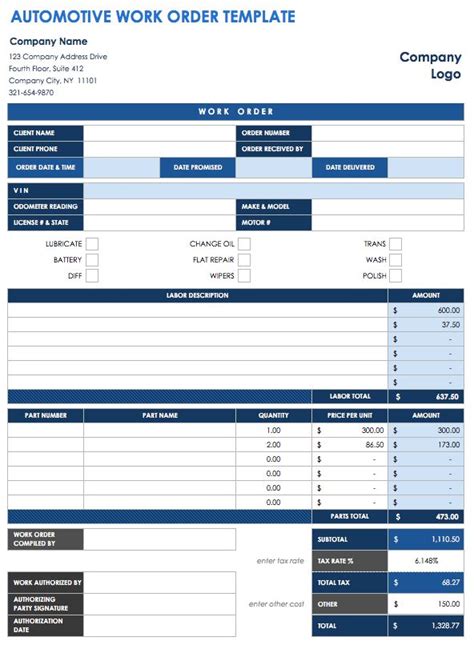 Auto Repair Work Order Template Excel Free Download