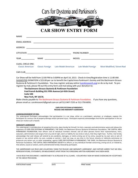 Car Show Registration Form Template Free Printable Download