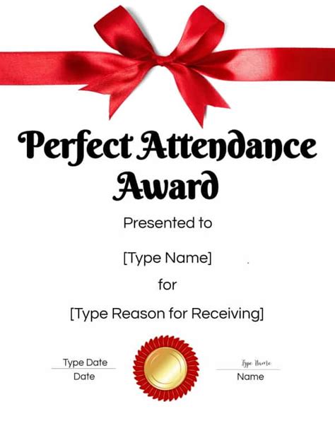 Editable Perfect Attendance Certificate Word Template Free