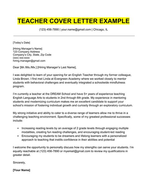 Effective Teacher Cover Letter Template For Free Download