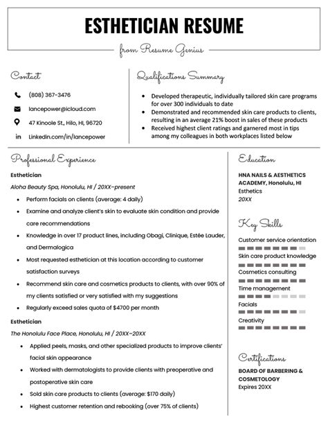 Esthetician Resume Templates For Free Download