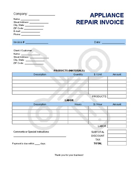 Free Appliance Repair Service Invoice Template Download