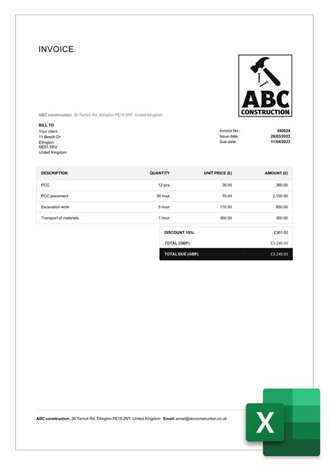 Free Construction Invoice Template In Excel Format