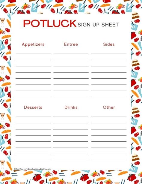 Free Potluck Sign Up Sheet Template Printable