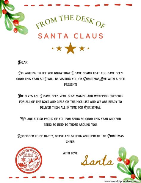 Free Printable Letter From Santa Claus Templates