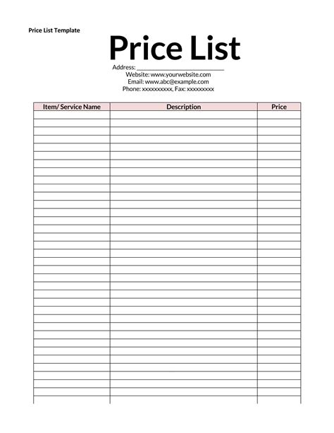 Free Printable Price List Template For Business Use