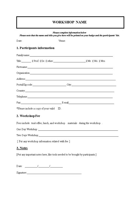 Free Workshop Registration Form Template In Word