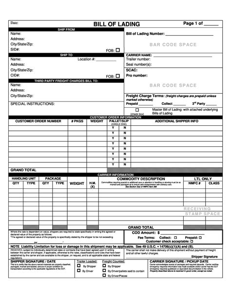 Generic Bill Of Lading Template In Excel