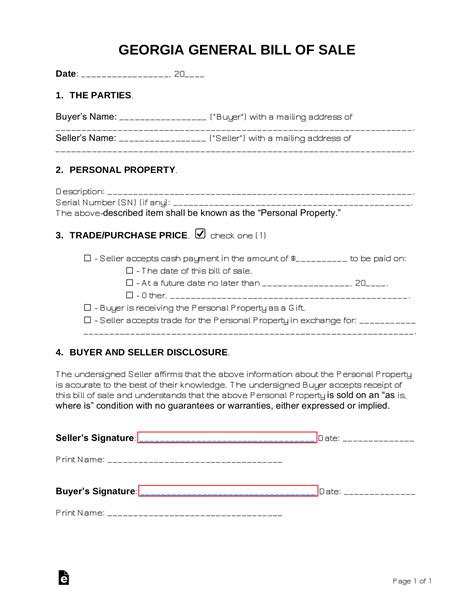 Georgia Bill Of Sale Template: Download And Print Now