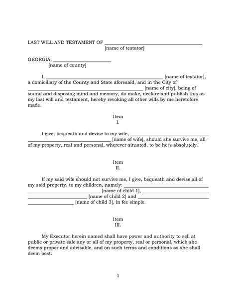 Georgia Last Will And Testament Template Free Download