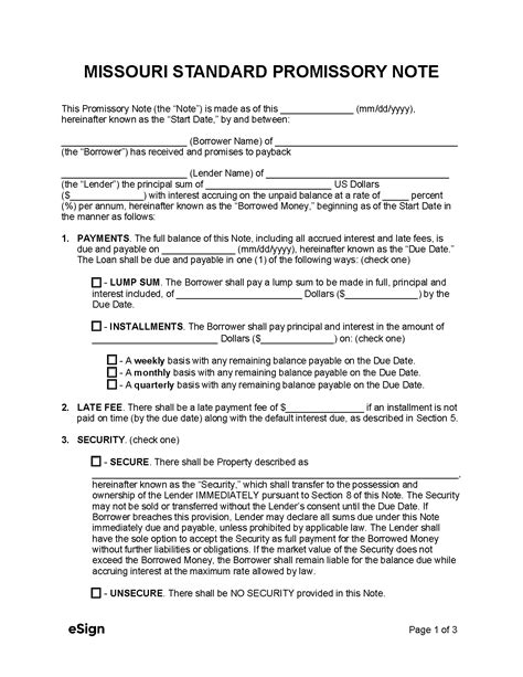 Missouri Promissory Note Template Free Download