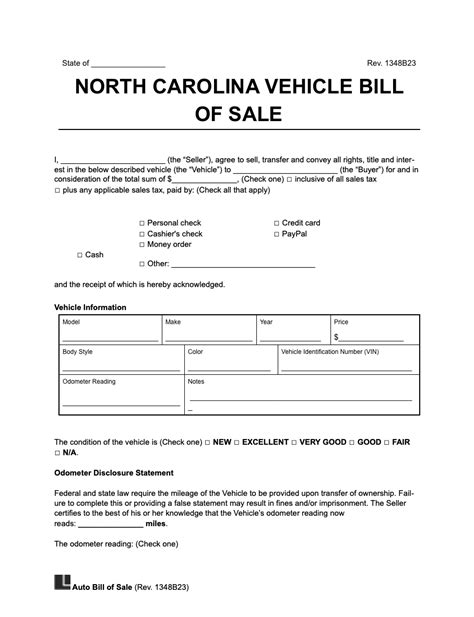 Nc Bill Of Sale Template For Vehicle And Property Sales