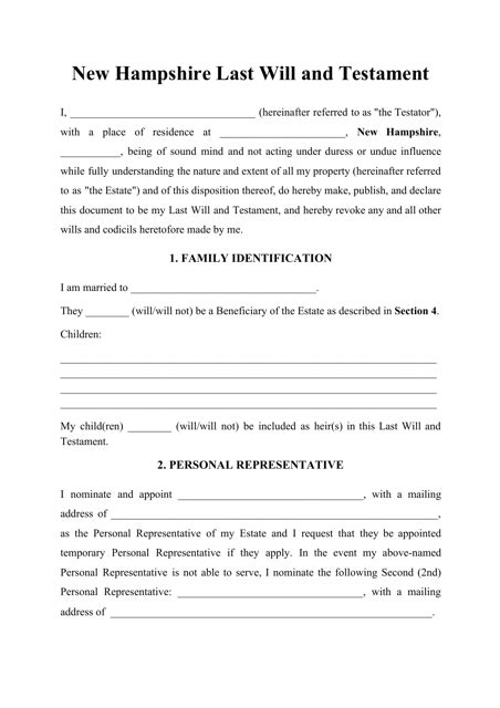 New Hampshire Last Will And Testament Template Guide