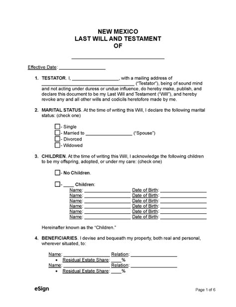 New Mexico Last Will And Testament Template And Guide