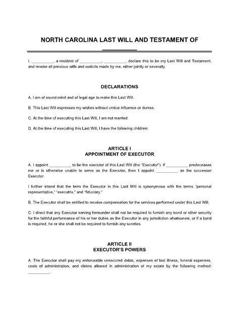 North Carolina Last Will And Testament Template Guide