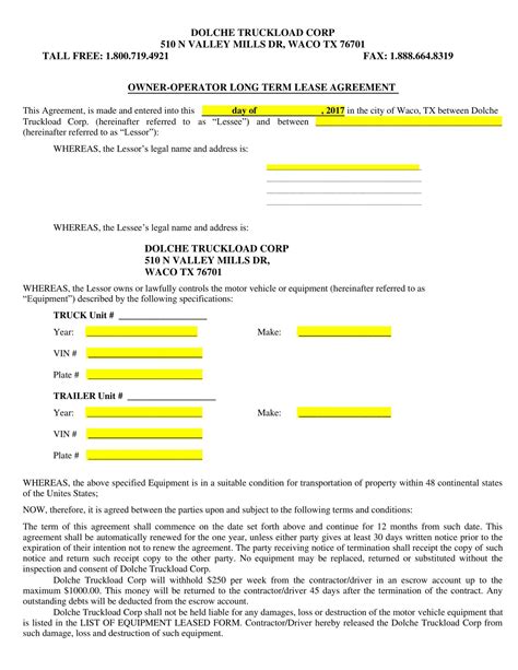 Owner Operator Lease Agreement Template Word Download