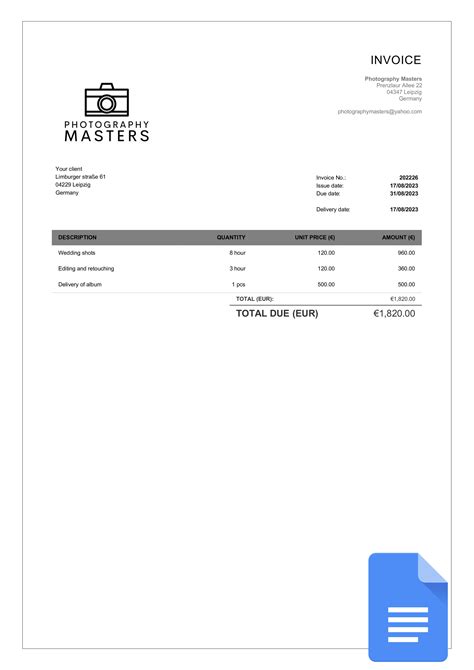 Photography Invoice Template Google Docs Download Free