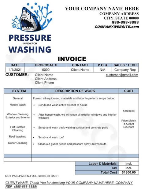 Power Washing Invoice Template For Contractors