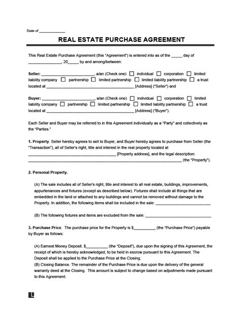 Real Estate Purchase Agreement Template In Word Format