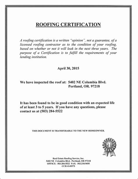 Roofing Certificate Of Completion Template Sample