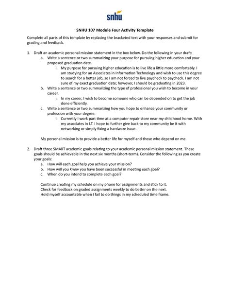 Snhu 107 Module 4 Activity Template And Solutions