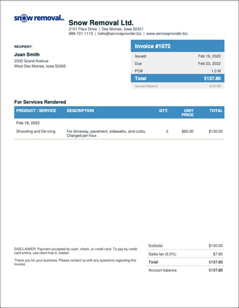 Snow Removal Invoice Template And Sample For Contractors