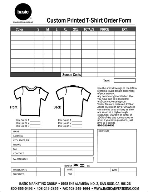 T Shirt Order Form Template Printable Download