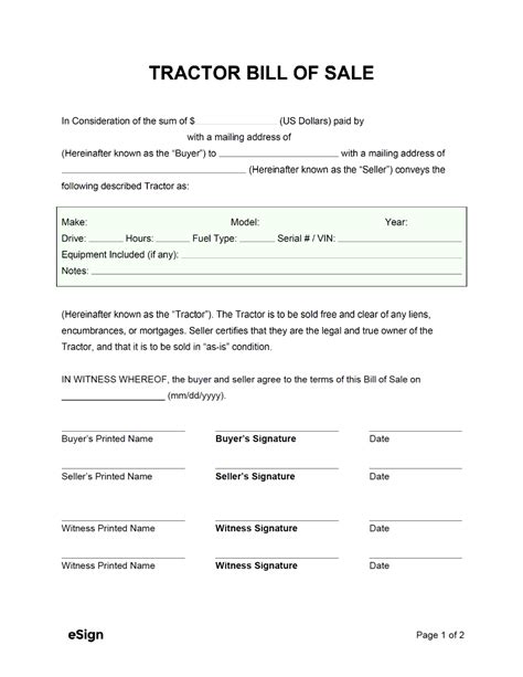 Tractor Bill Of Sale Template Free Download