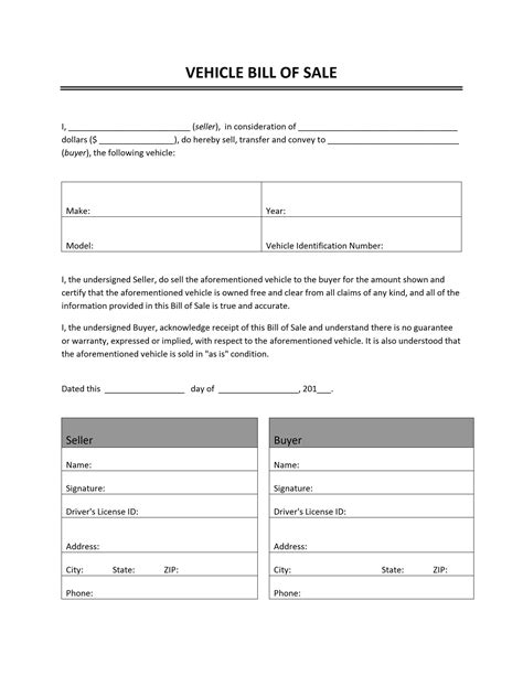 Used Car Bill Of Sale Template In Word Format