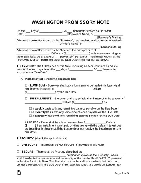 Washington State Free Promissory Note Template Download